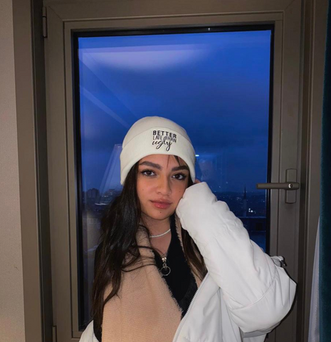 White “Better Late than Ugly” beanie
